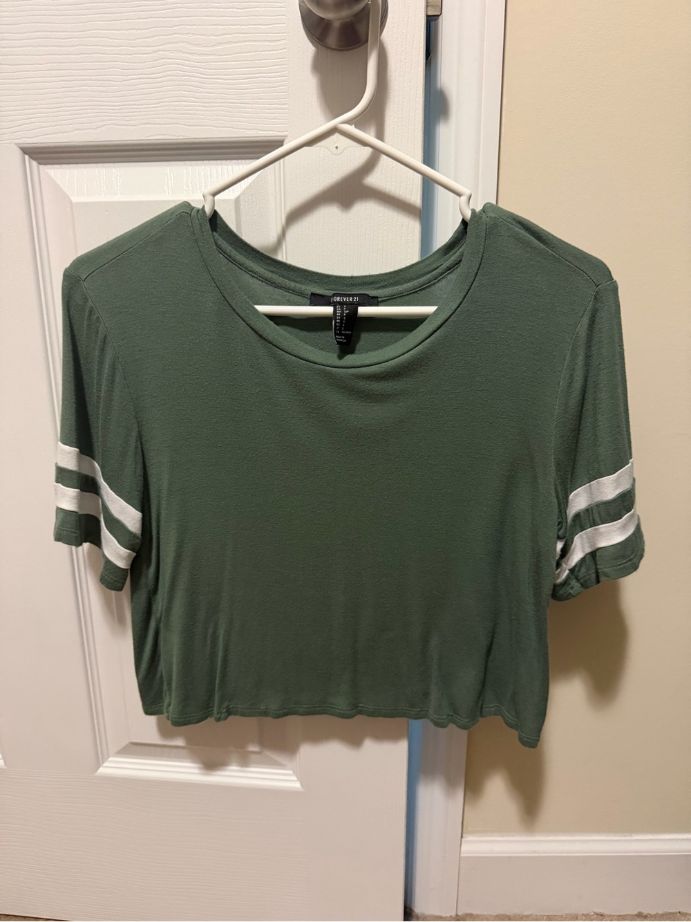 Forever 21 Olive Green Cropped Tee with Stripe Sleeves